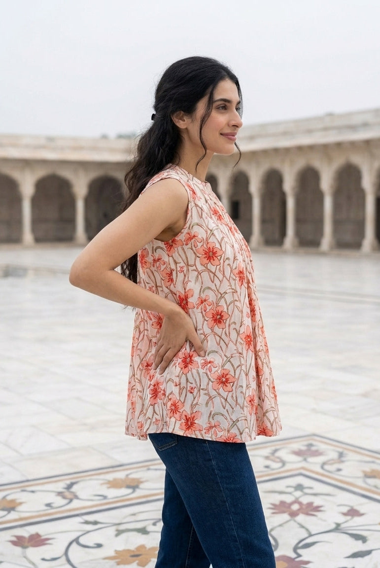 Ivory & Pink Halter-Neck Handblock Cotton Top — side view