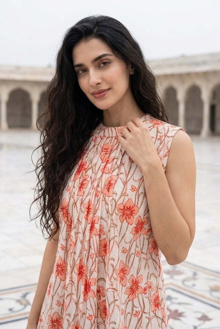 Ivory & Pink Halter-Neck Handblock Cotton Top — styled look