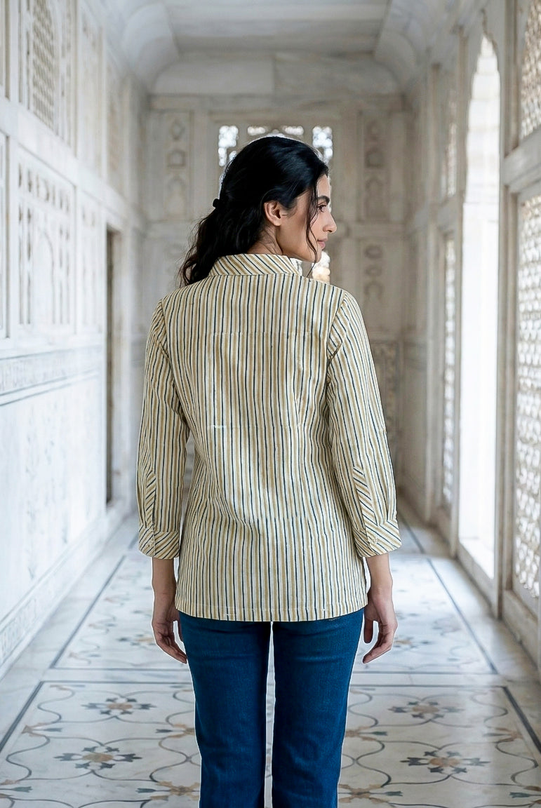 Ivory Multicolour Striped Handblock Cotton Tunic — back view