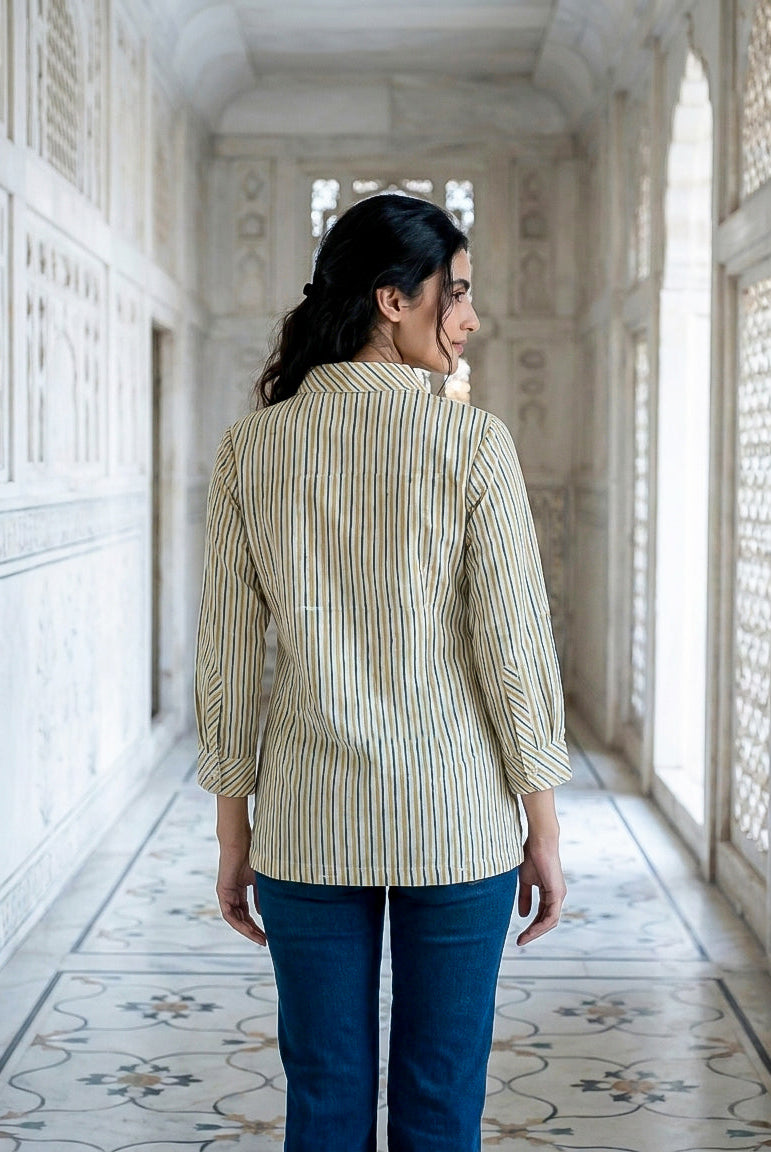 Ivory Multicolour Striped Handblock Cotton Tunic — back view