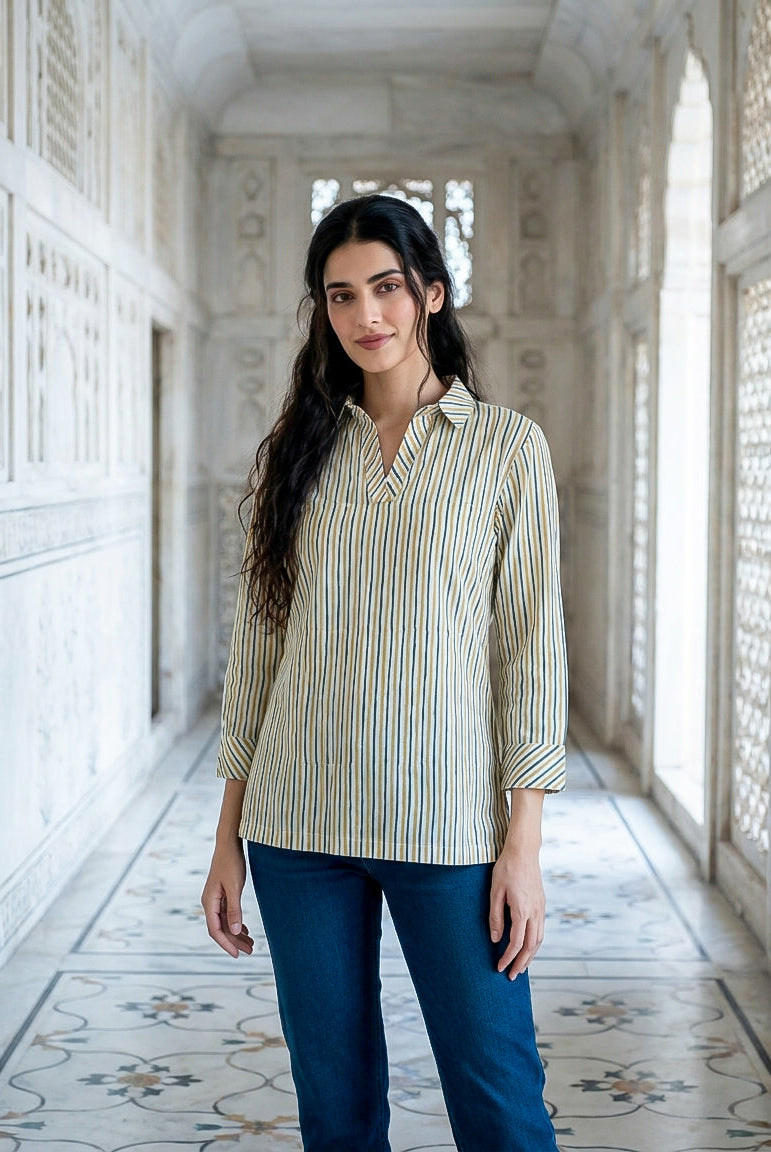 Ivory Multicolour Striped Handblock Cotton Tunic — front view