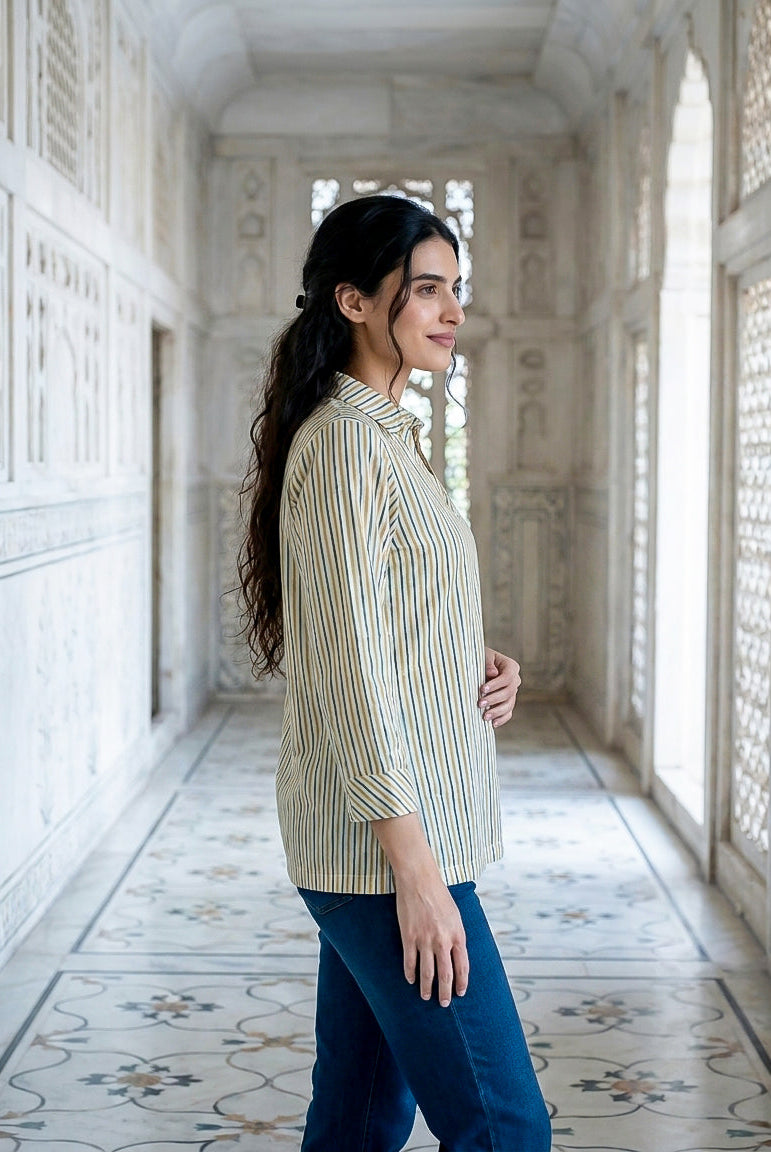 Ivory Multicolour Striped Handblock Cotton Tunic — side view