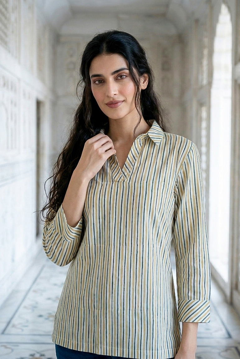 Ivory Multicolour Striped Handblock Cotton Tunic — styled look