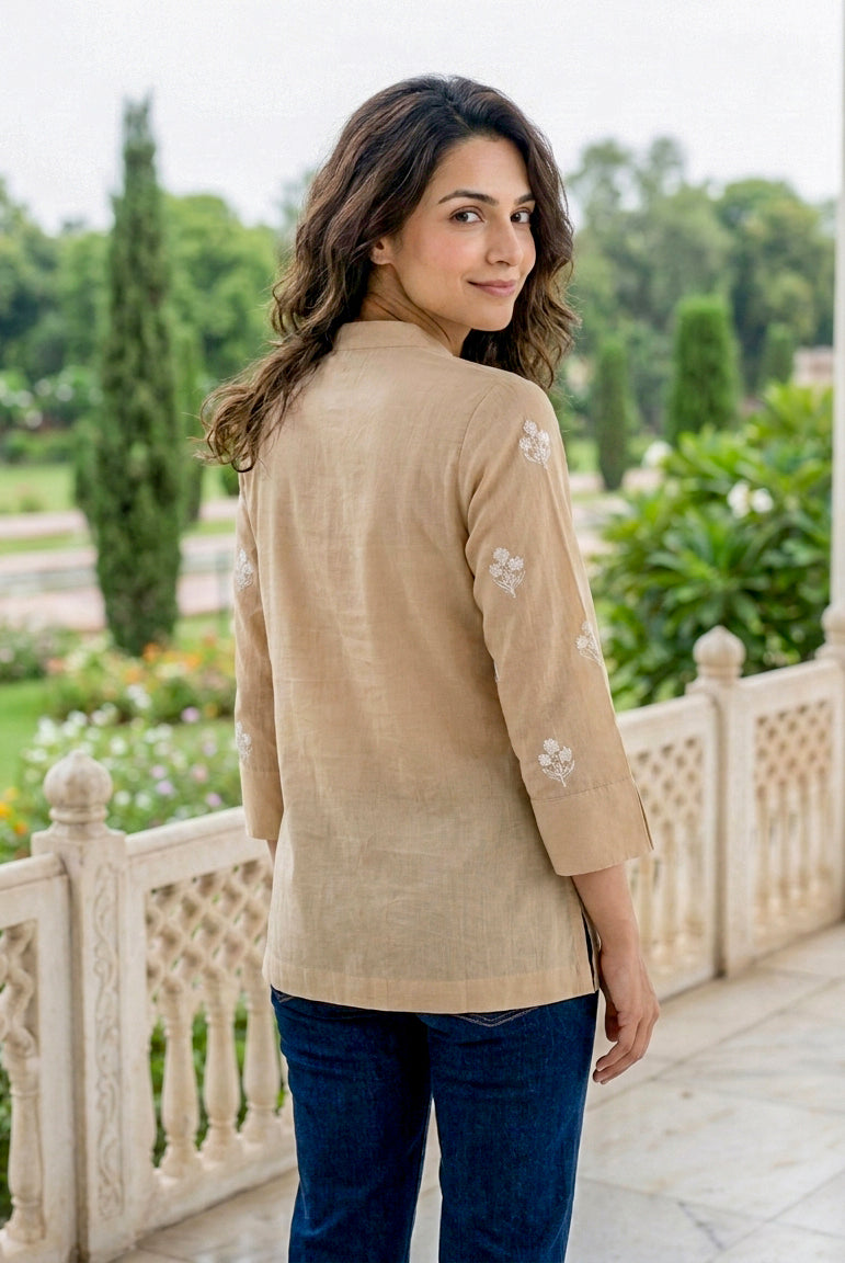 Beige Hand-Embroidered Cotton Shirt Top — back view