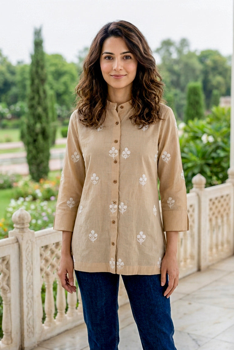 Beige Hand-Embroidered Cotton Shirt Top — front view