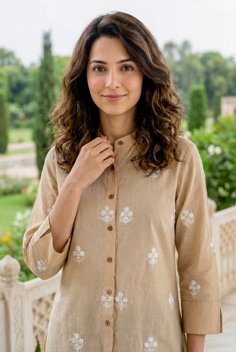 Beige Hand-Embroidered Cotton Shirt Top — styled look
