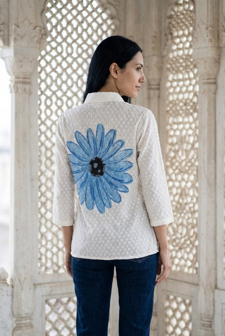 White Hand-Painted Jacquard Shirt Top — back view
