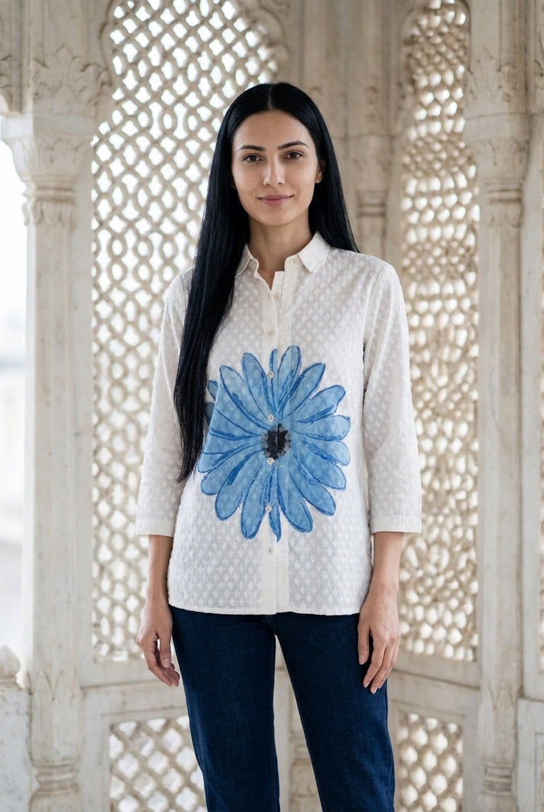 White Hand-Painted Jacquard Shirt Top — front view