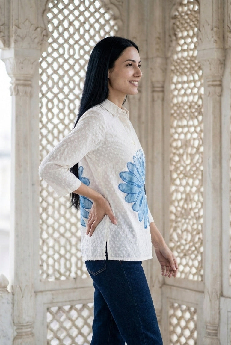 White Hand-Painted Jacquard Shirt Top — side view