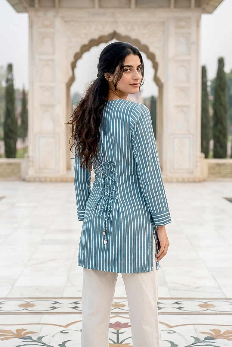 Aqua Handblock Cotton Short Kurta with Back Dori — back view