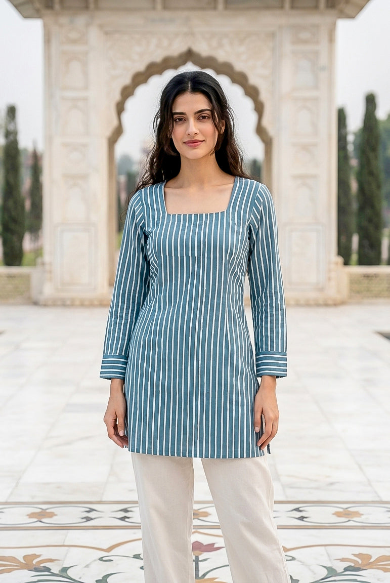 Aqua Handblock Cotton Short Kurta with Back Dori — front view