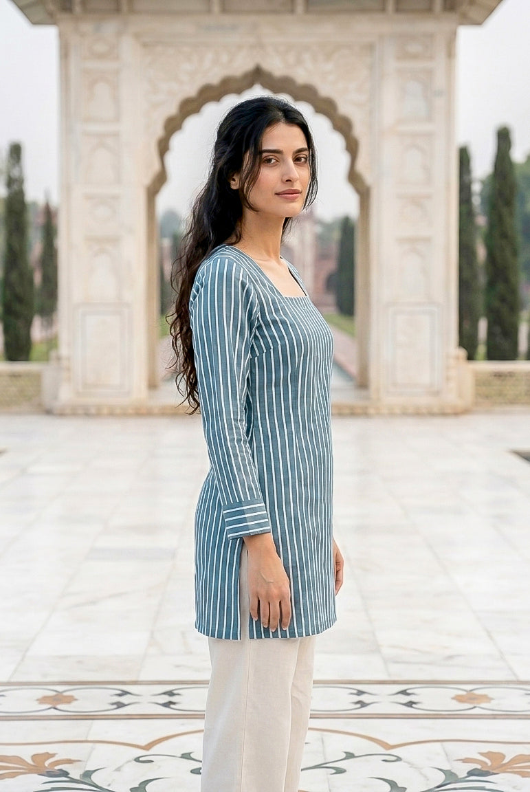 Aqua Handblock Cotton Short Kurta with Back Dori — side view
