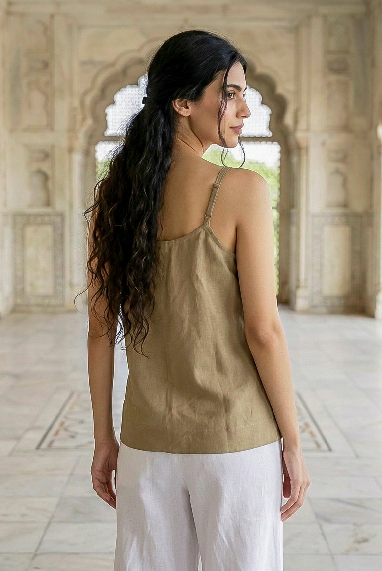 Olive Linen Cotton Noodle-Strap Top — back view