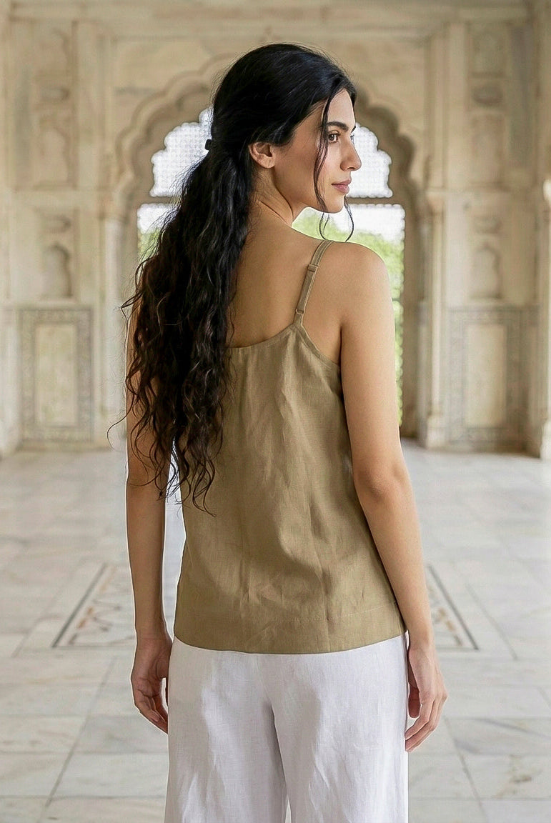 Olive Linen Cotton Noodle-Strap Top — back view