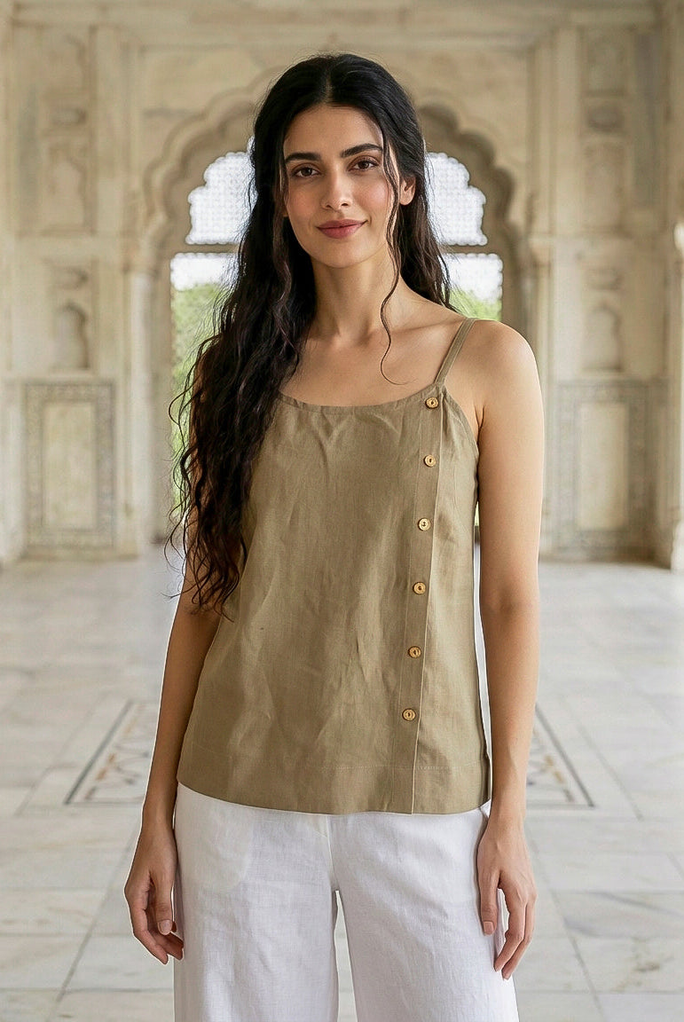 Olive Linen Cotton Noodle-Strap Top — front view