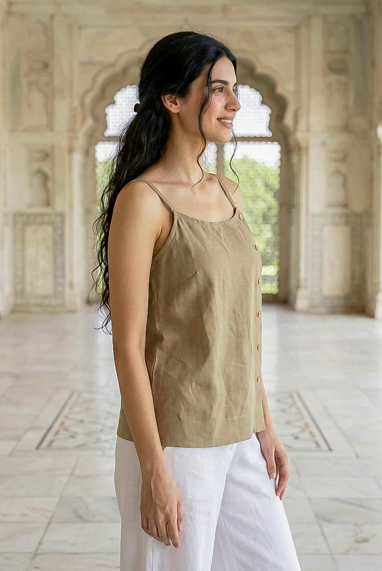 Olive Linen Cotton Noodle-Strap Top — side view