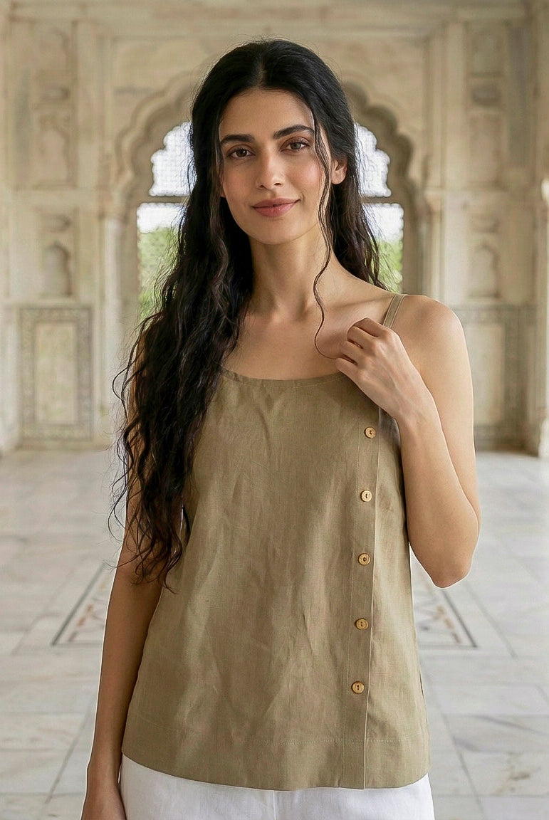 Olive Linen Cotton Noodle-Strap Top — styled look
