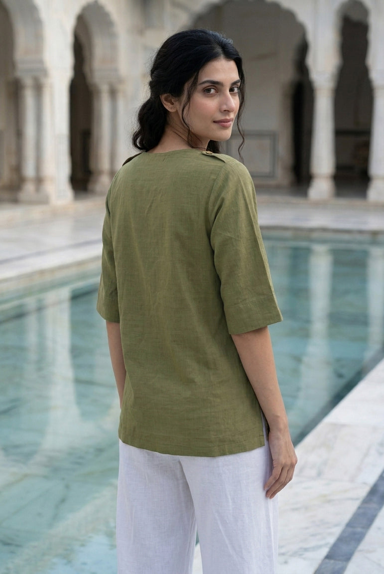 Olive Hand-Embroidered Cotton Slub V-Neck Top — back view