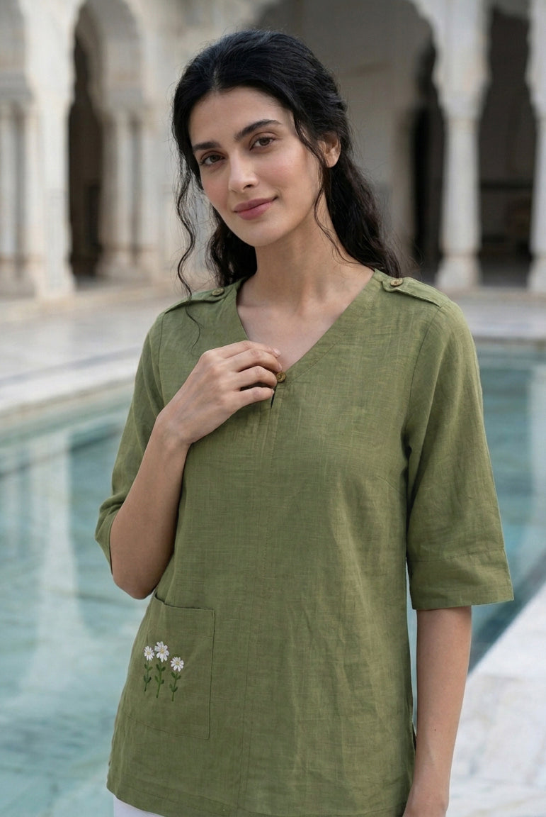 Olive Hand-Embroidered Cotton Slub V-Neck Top — styled look
