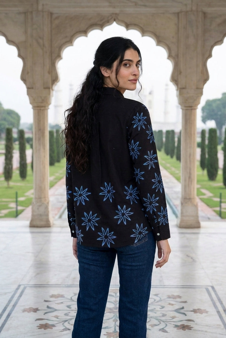 Charcoal Black Handblock Cotton Shirt Top — back view