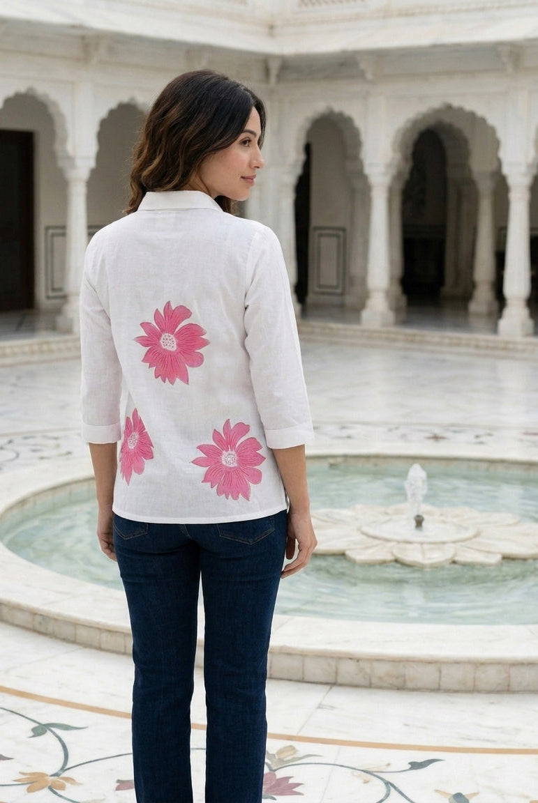 White & Pink Floral Handblock Cotton Top — back view