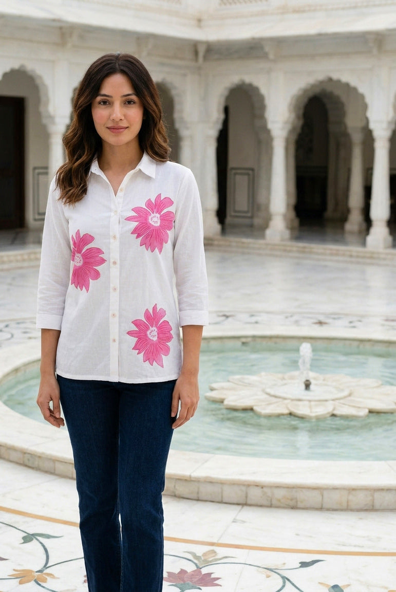 White & Pink Floral Handblock Cotton Top — front view