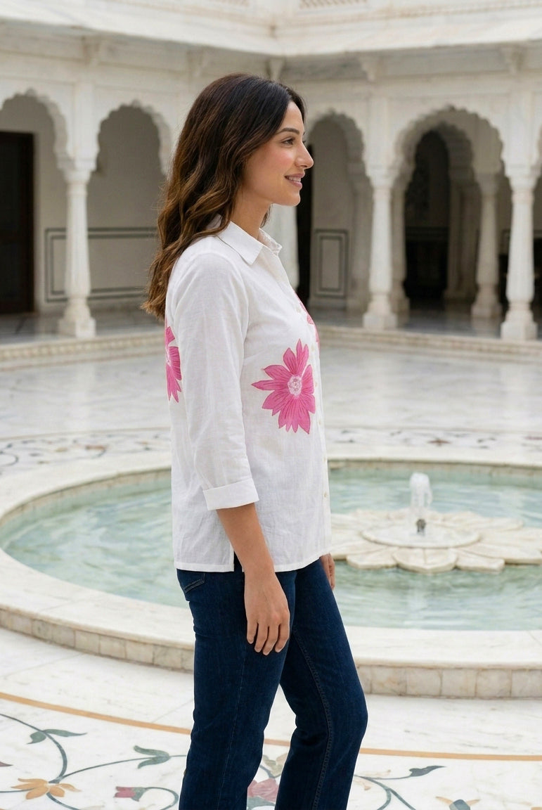 White & Pink Floral Handblock Cotton Top — side view