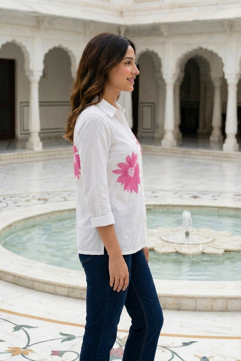 White & Pink Floral Handblock Cotton Top — side view