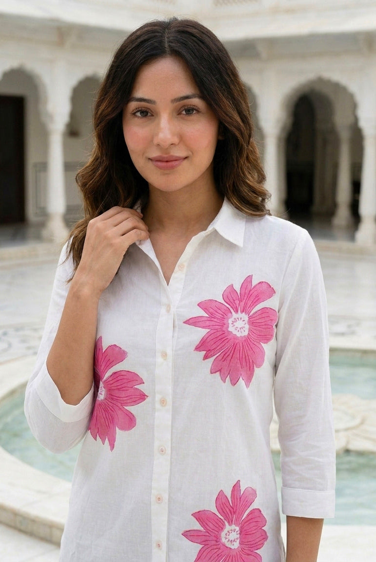 White & Pink Floral Handblock Cotton Top — styled look
