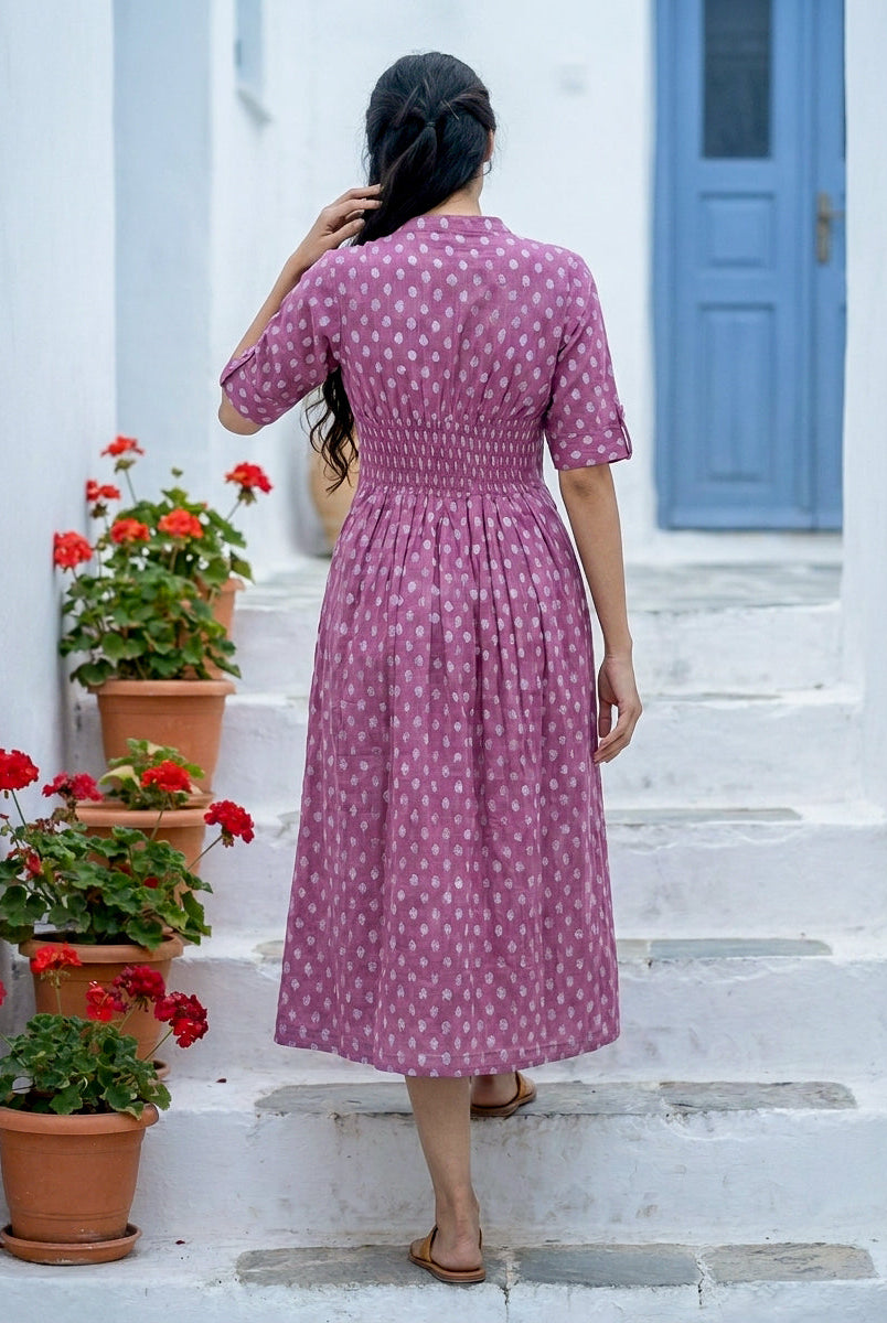 Purple Handblock Cotton Mandarin-Collar Dress with Elastic Back — back view