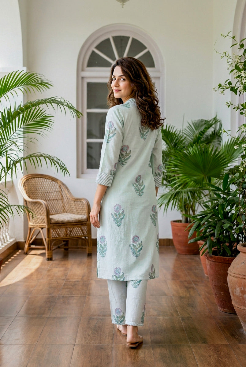Mint Green Botanical Handblock Cotton Co-ord Set — back view