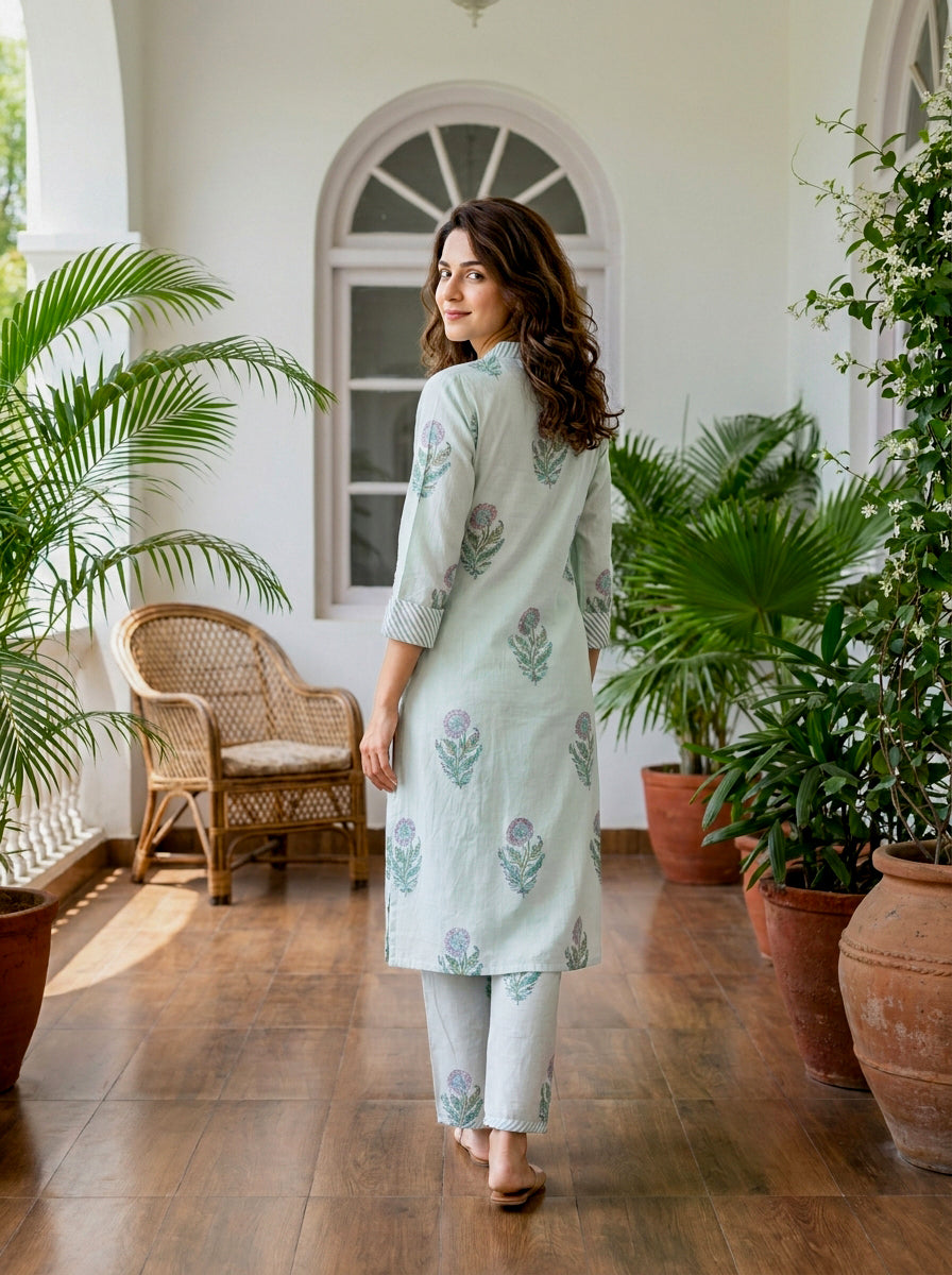 Mint Green Botanical Handblock Cotton Co-ord Set — back view