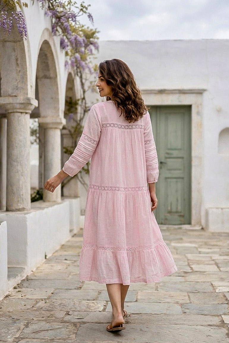 Pink Kota Doriya Round-Neck Dress with Lacey Sleeves — back view