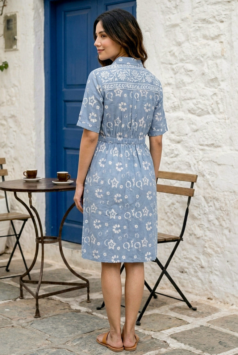 Blue Handblock Cotton Collar-Neck Straight Dress — back view