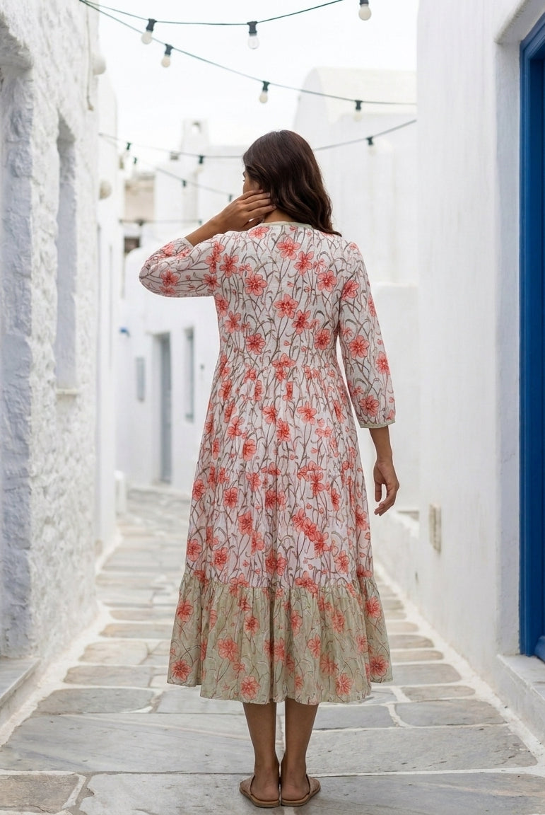 White & Peach Floral Handblock Tiered Cotton Dress — back view