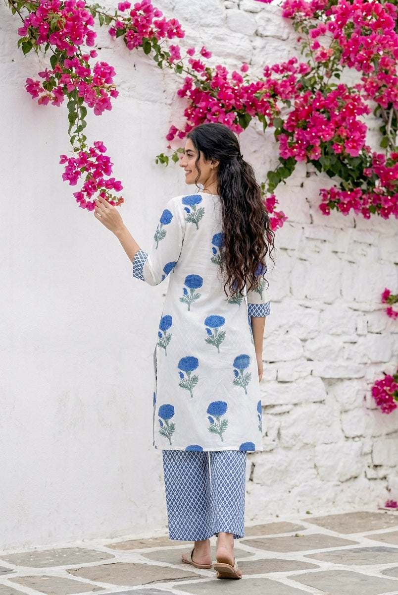 Ivory & Indigo Marigold Handblock Cotton Co-ord Set — back view
