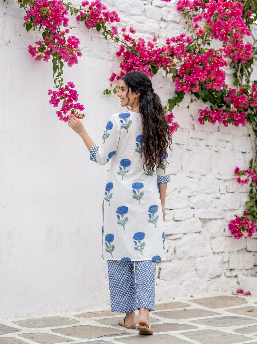 Ivory & Indigo Marigold Handblock Cotton Co-ord Set — back view