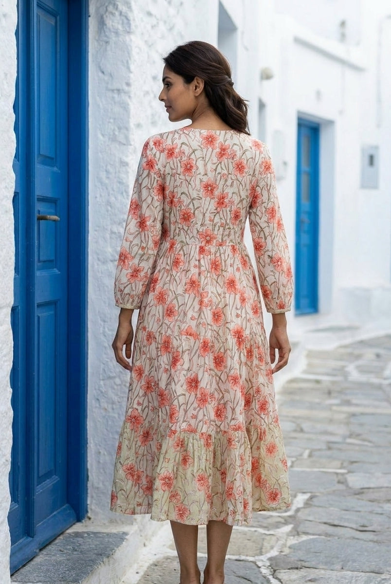 White & Peach Floral Handblock Tiered Cotton Dress — back view