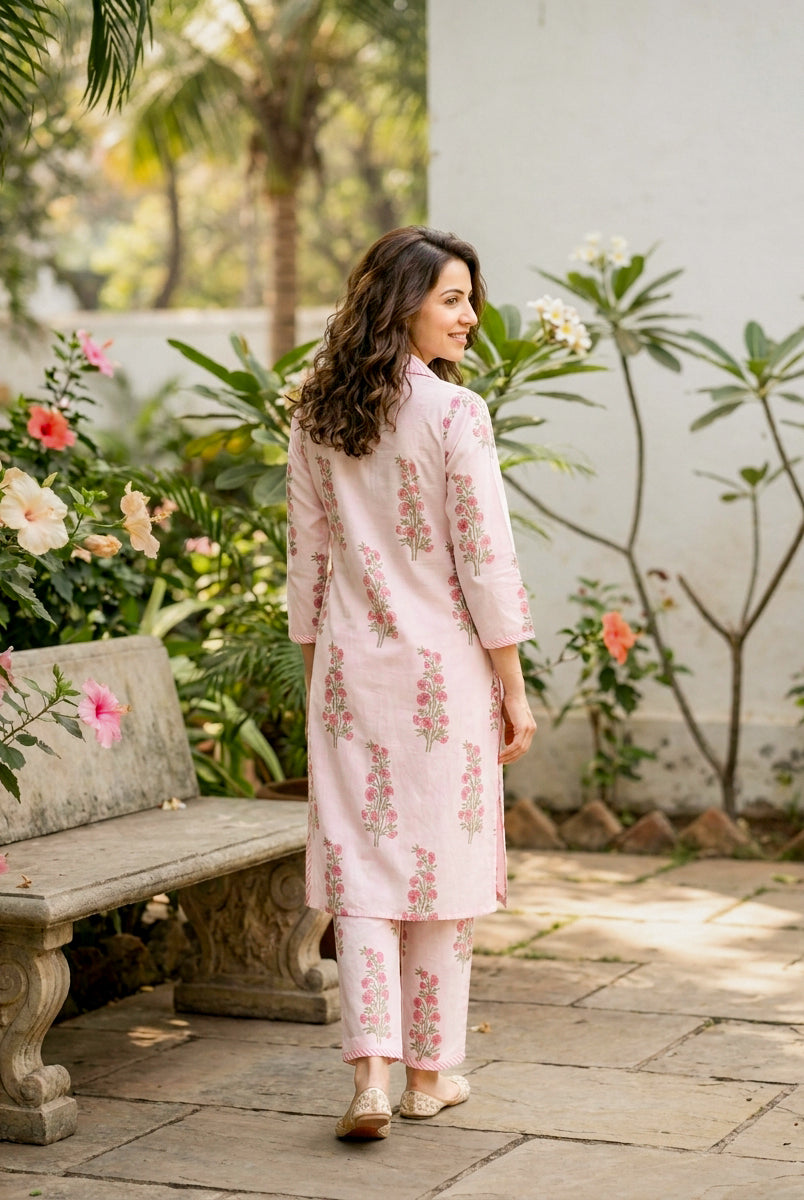 Baby Pink Floral Handblock Cotton Co-ord Set — back view