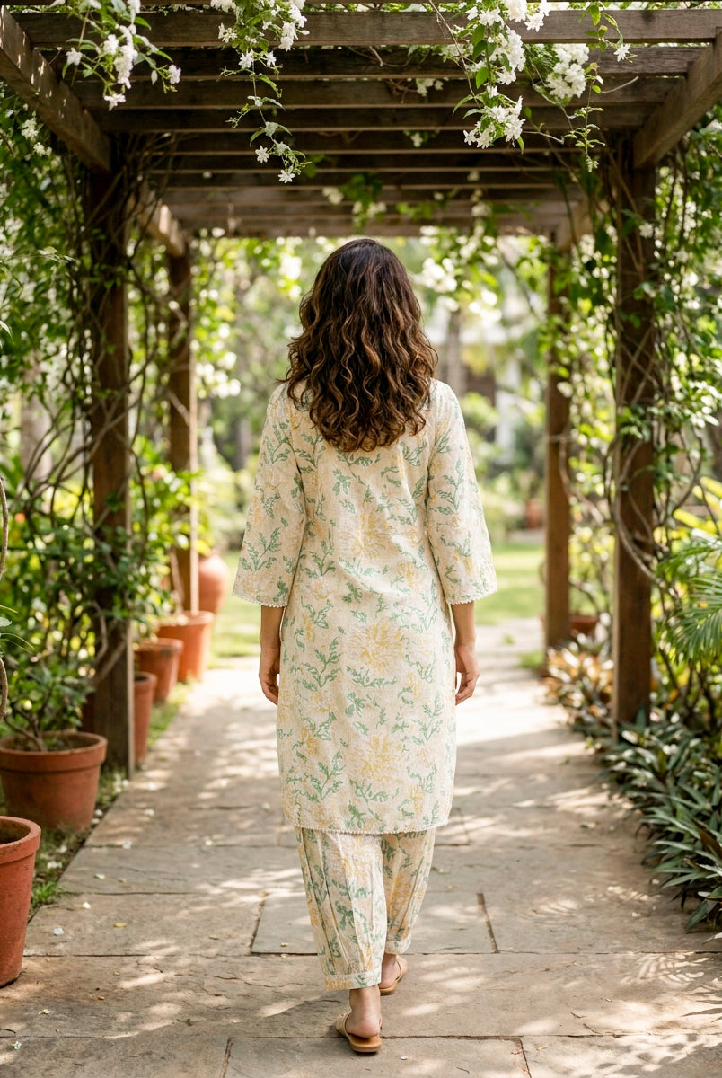 Ivory Botanical Handblock Cotton Co-ord Set — back view