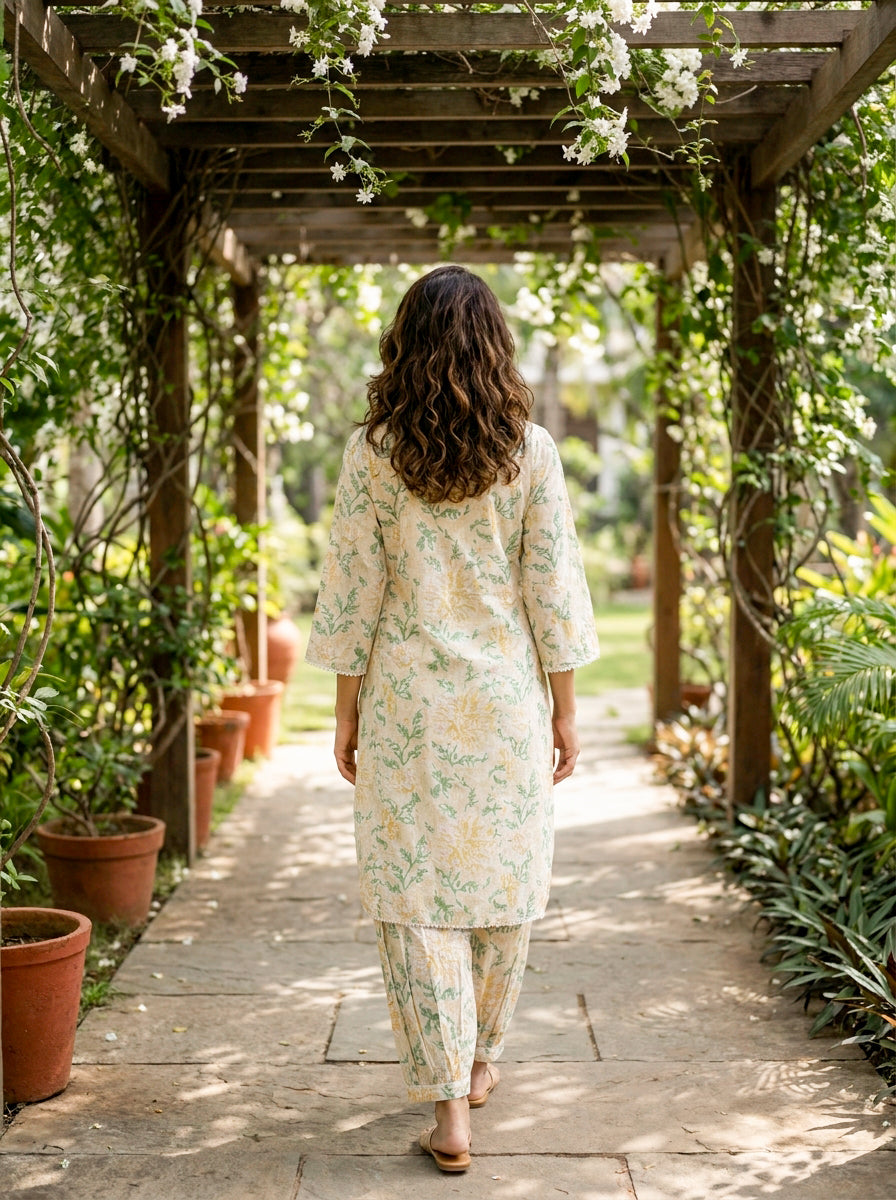 Ivory Botanical Handblock Cotton Co-ord Set — back view
