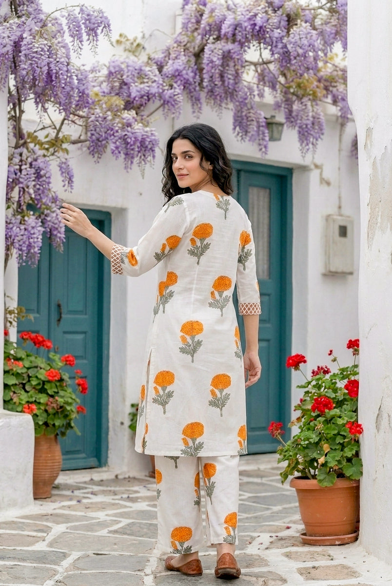 Ivory & Orange Marigold Handblock Cotton Co-ord Set — back view