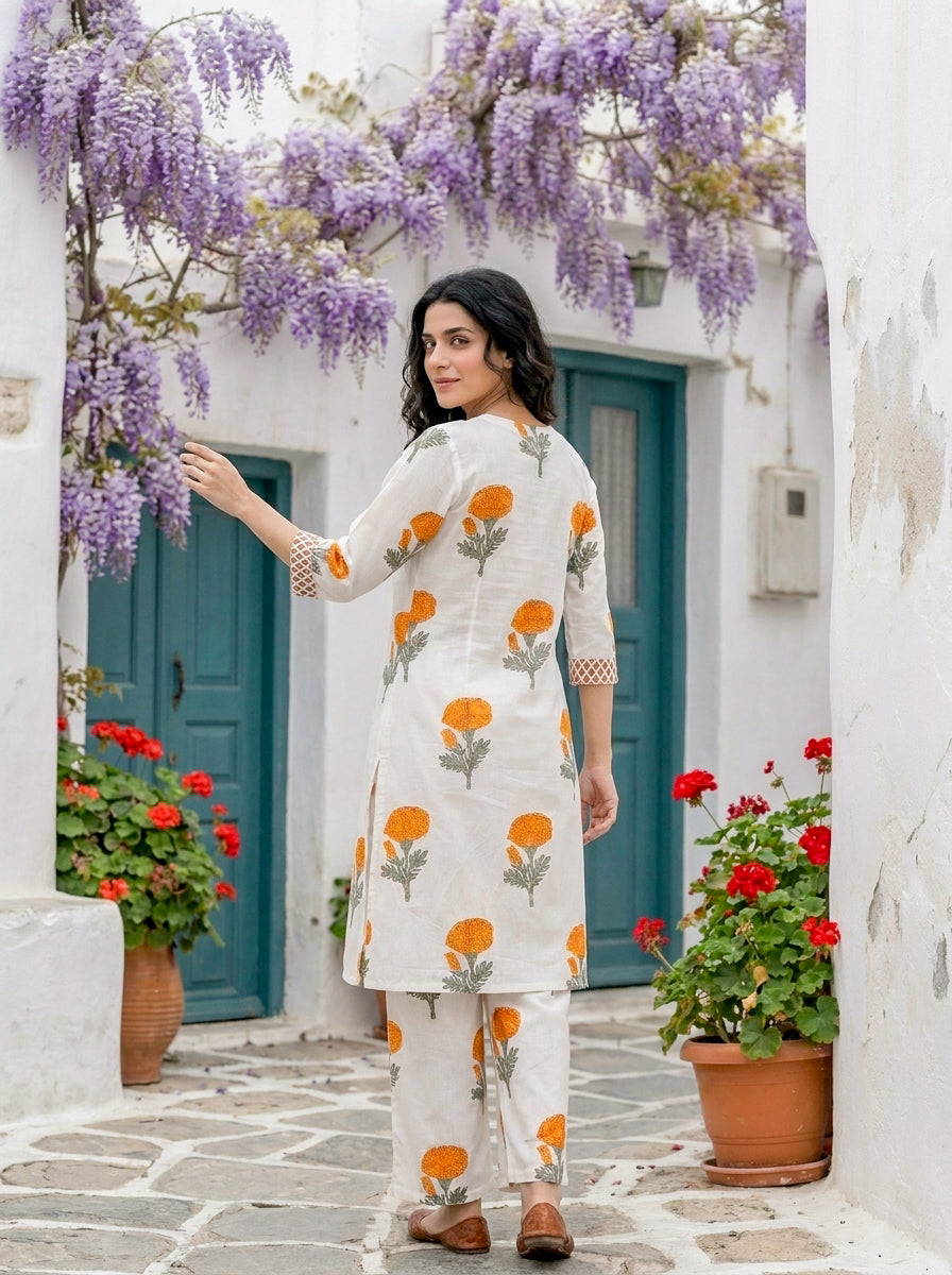 Ivory & Orange Marigold Handblock Cotton Co-ord Set — back view