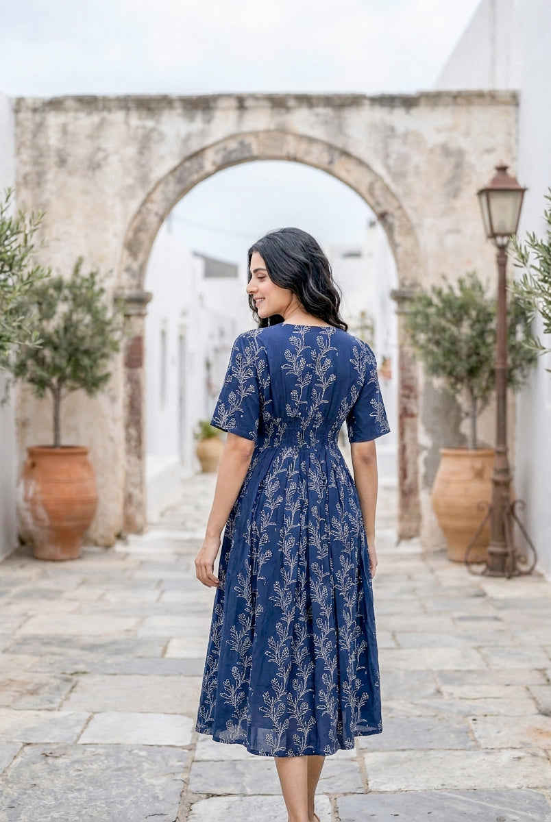 Indigo Botanical Handblock Cotton Fit-and-Flare Dress — back view