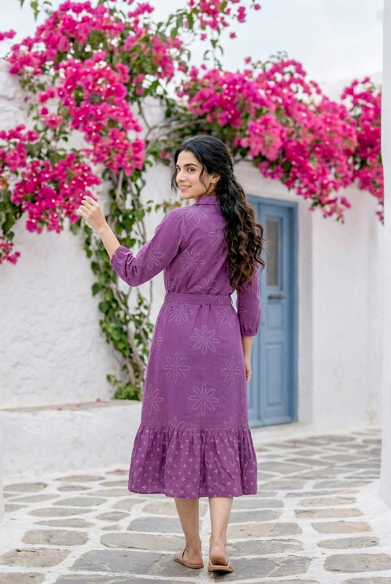 Lilac Bandhej Handblock Cotton Collared Tiered Dress — back view