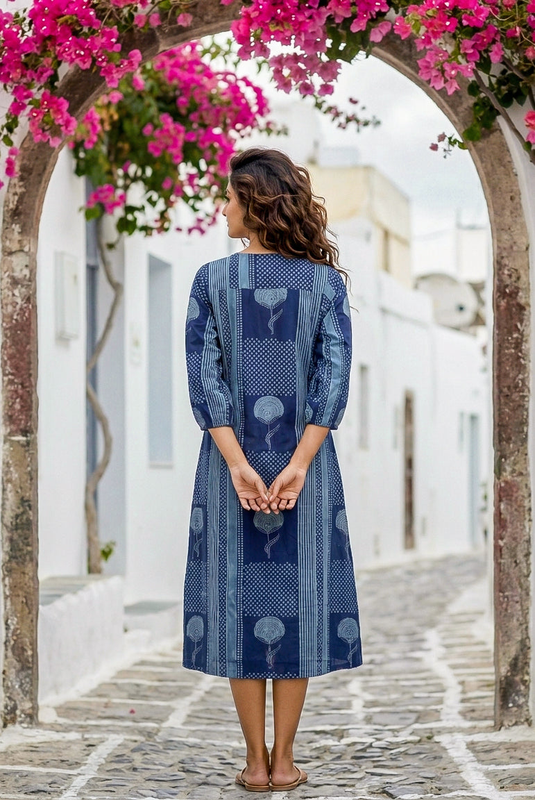 Indigo Handblock Cotton Dress with Round Collar — back view