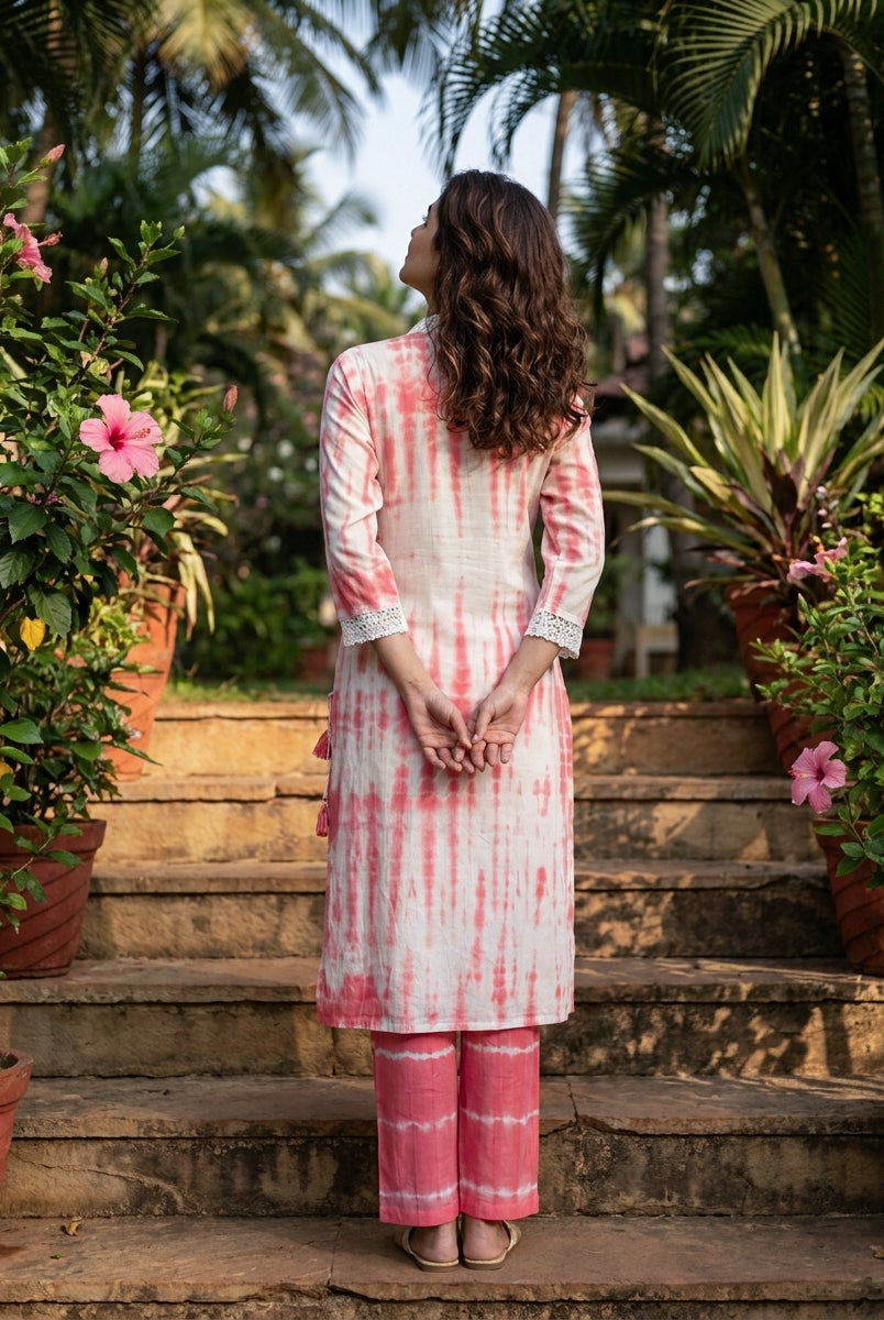 Coral Tie-Dye Cotton Co-ord Set with Lace Trim — back view