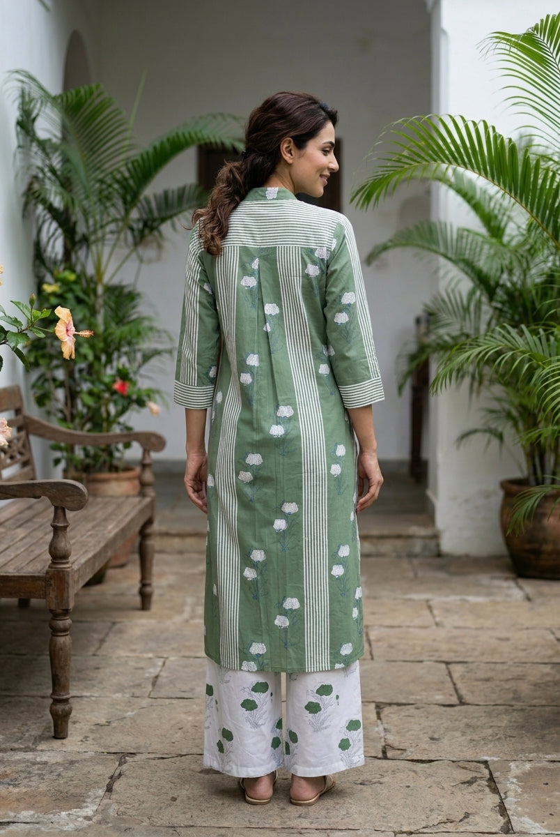 Sage Green Floral Handblock Cotton Co-ord Set with White Palazzo — back view