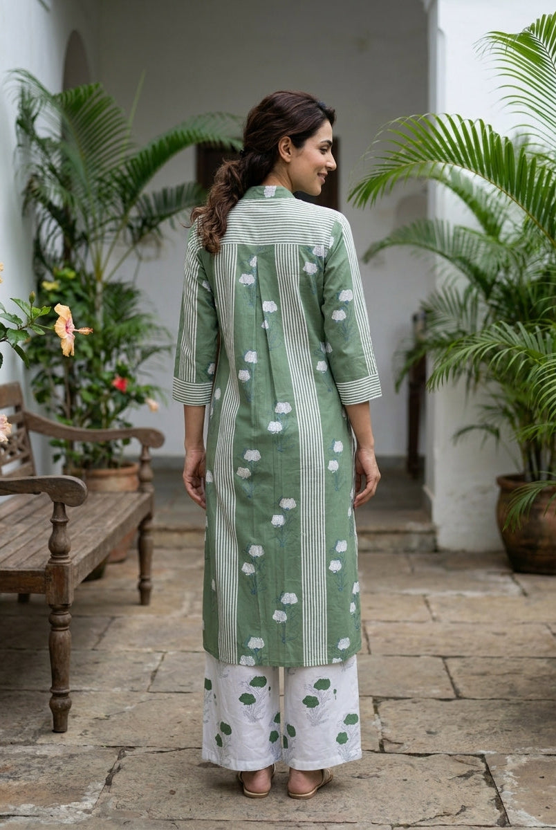 Sage Green Floral Handblock Cotton Co-ord Set with White Palazzo — back view