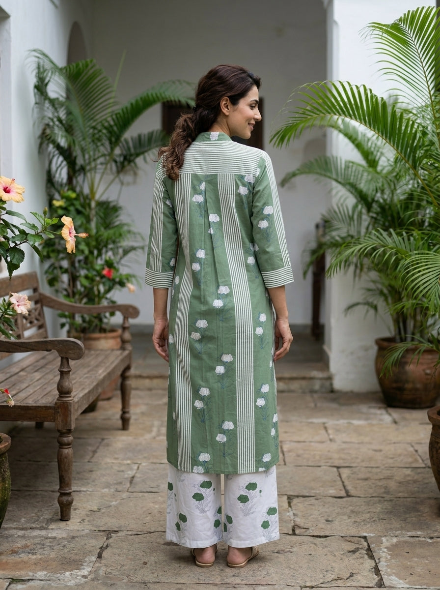 Sage Green Floral Handblock Cotton Co-ord Set with White Palazzo — back view